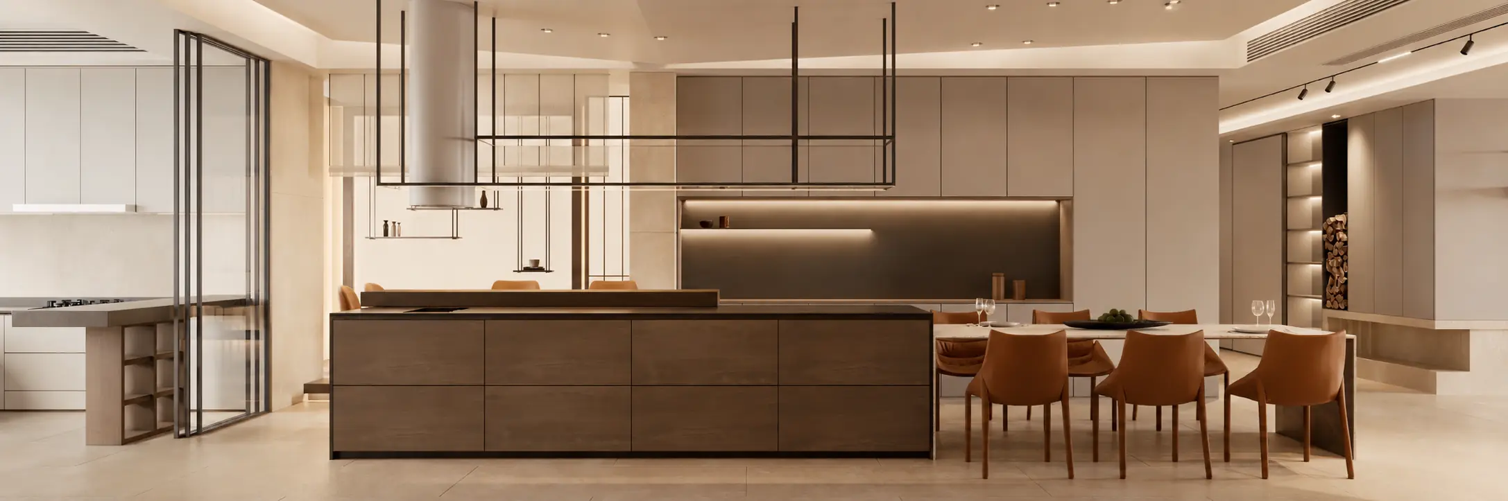 Completed NOOK kitchen and dining panorama with a dark island and tan dining chairs